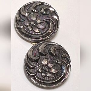 * Vintage Germany Black Glass Flower Button Clip On Earrings